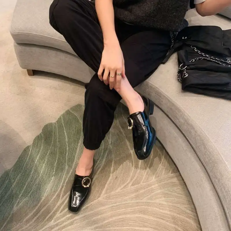 

Krazing pot new genuine leather square toe med heel British style young lady streetwear fashion solid deep mouth women pumps L24