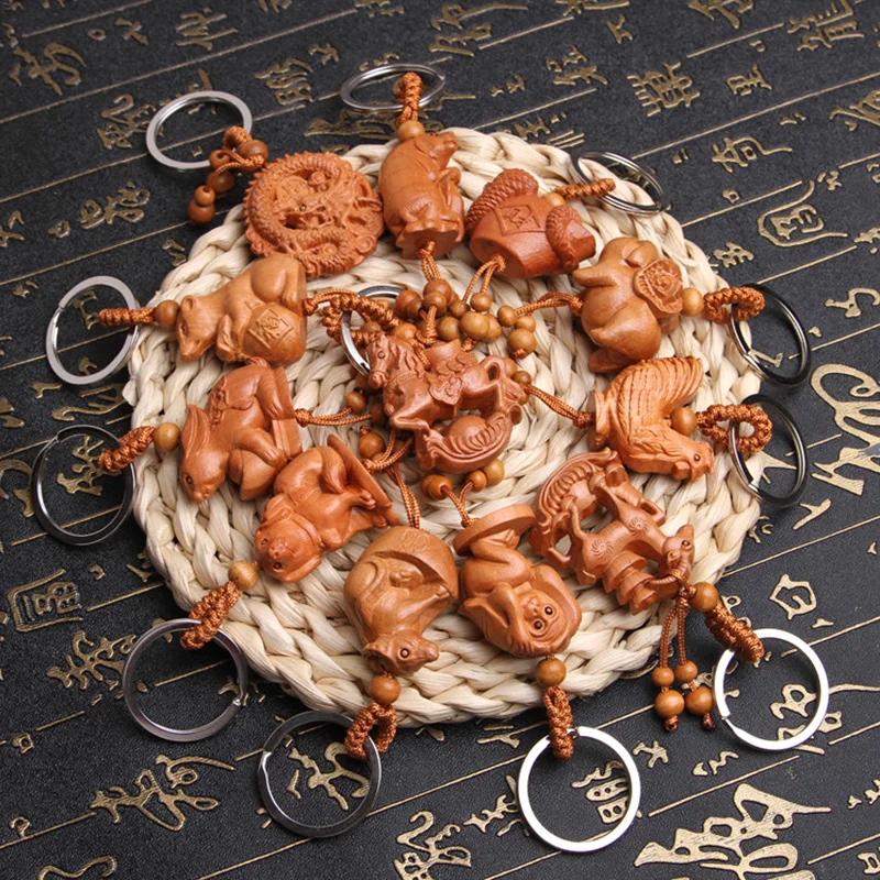 Chinese Peach Wood Zodiac Keychain Three-dimensional Carved Monkey Sheep Snake Dragon Tiger Exquisite Keyring Gift Pendant | Украшения и