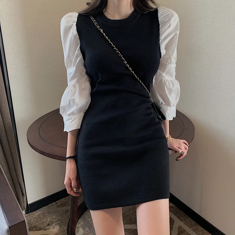 Корейское модное вязаное Черное мини платье в стиле пэчворк осеннее французское