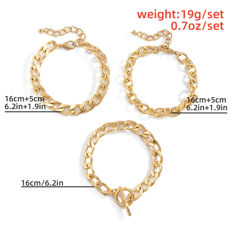 

Ailodo 3 Pcs/Set Punk Bracelets For Women Minimalist Gold Silver Color Thick Chain Statement Bracelets Set Fashion Jewelry Gift