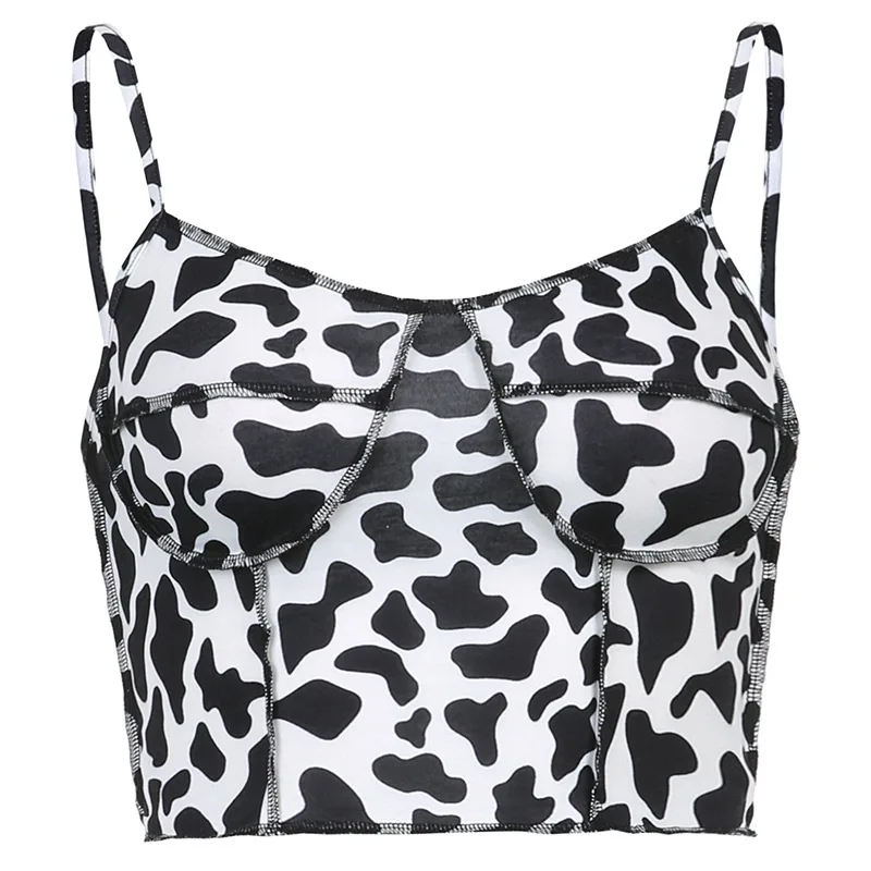 

2021 Sleeveless Tank Tops Women Halter Top Ladies Clothing Streetwear Cow Printed Slim V-Neck Show Chest Type Sling Summer
