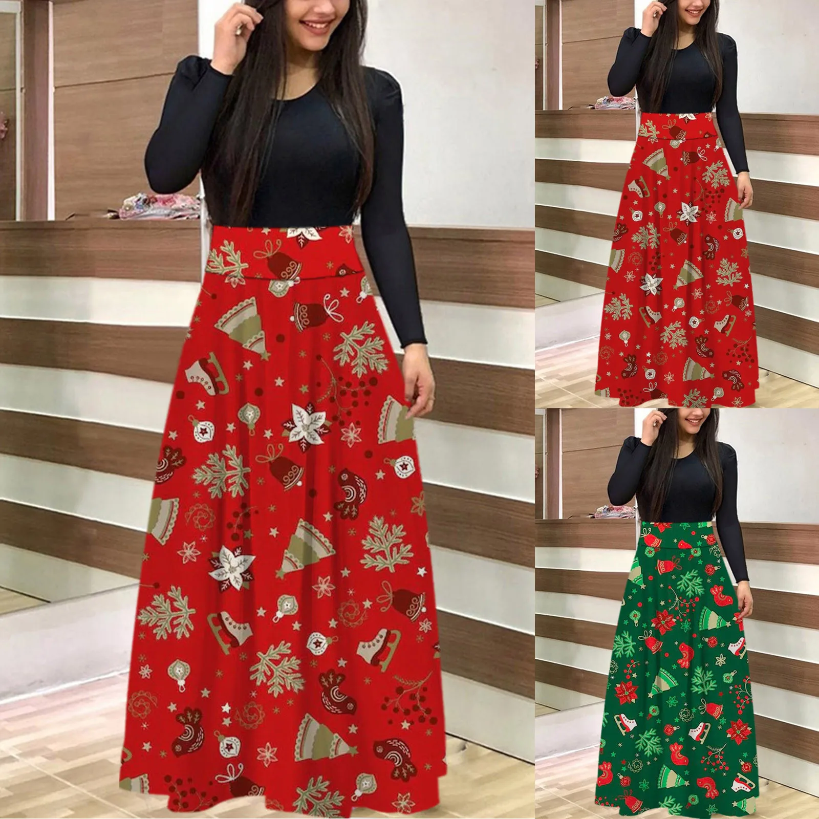 

Женские платья с рождественским принтом, длинное платье макси с круглым вырезом и длинными рукавами, женское повседневное модное платье