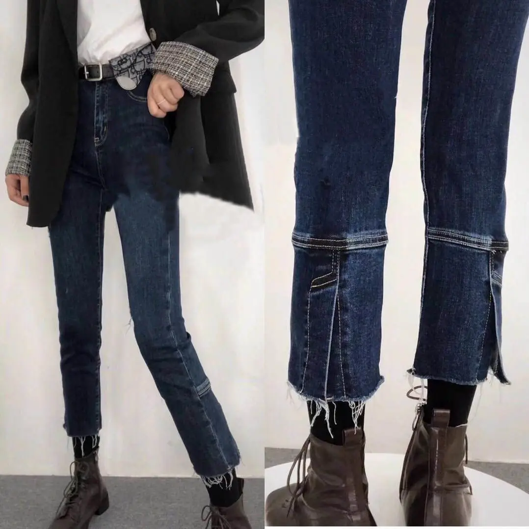 

Woman Jeans Pants Autumn Winter Blue Stitching High Waist Back Slit Straight-Leg Pants Pantalones Vaqueros Mujer