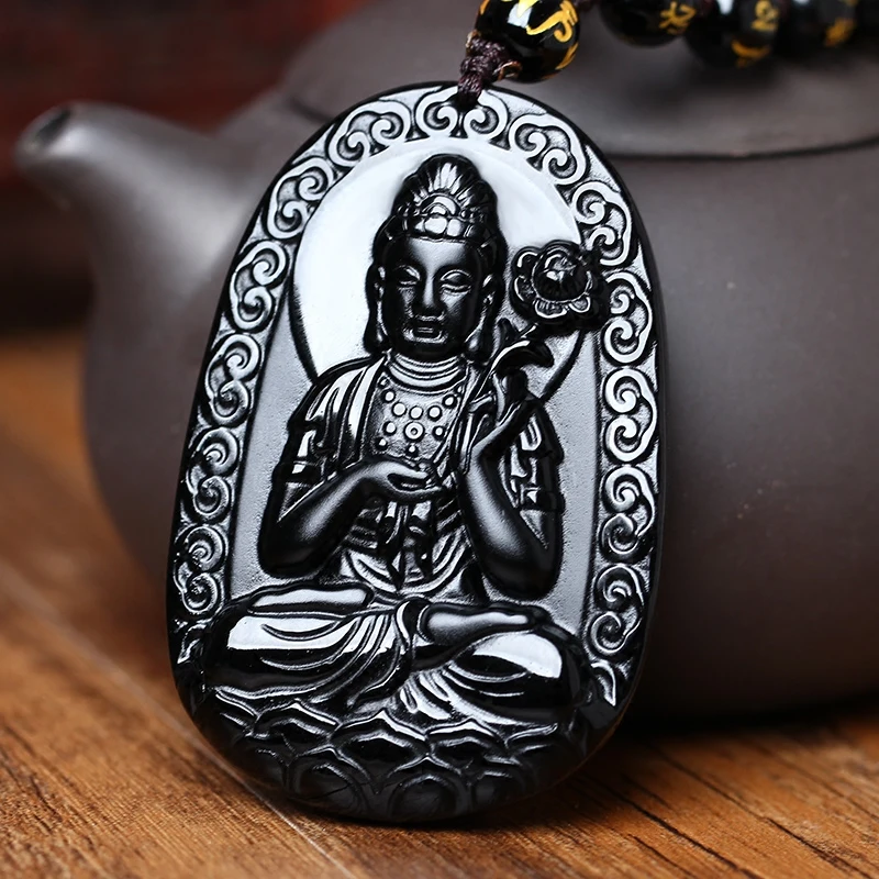 Натуральный черный обсидиан бусы ожерелье ручной работы Будда нефрит кулон