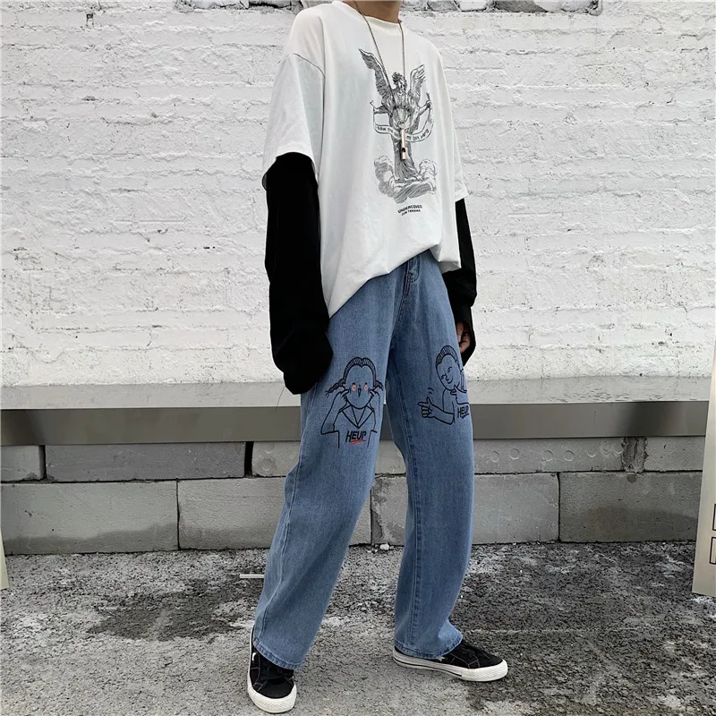 Синие джинсы мужские летние Харадзюку уличные свободные дикие печати мультфильм
