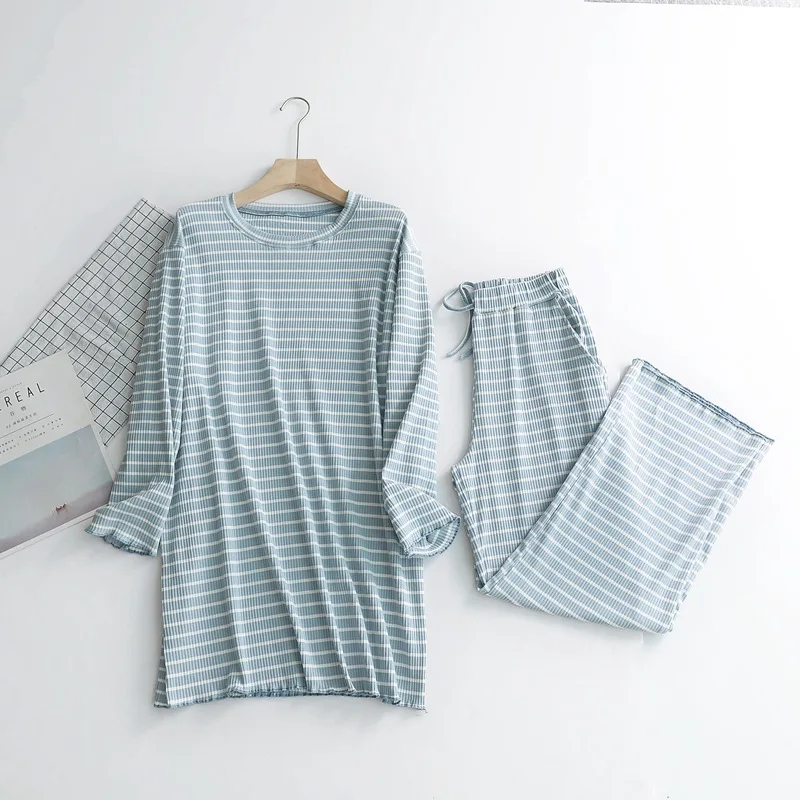 Light blue Осенне-зимние новые хлопковые пижамные костюмы с длинными рукавами, свободные домашние костюмы в полоску, комплект из двух предметов со штанами, пижамы, женские пижамы, одежда для сна - Цвет: Light blue