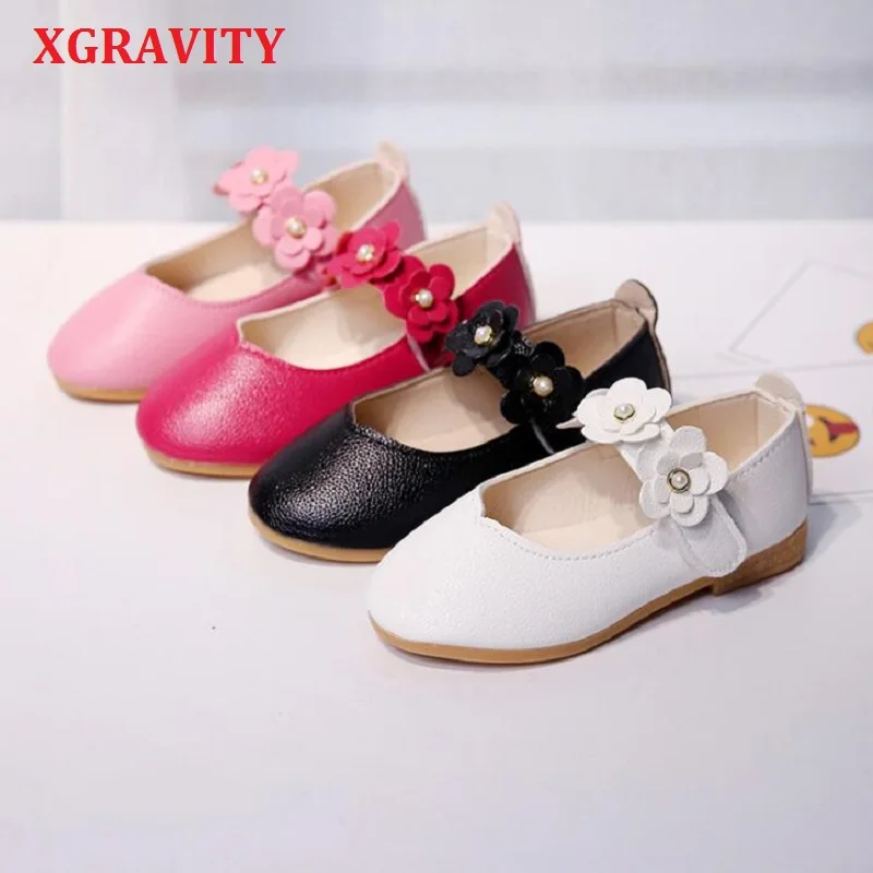 XGRAVITY Children's shoes Flower spring New Flat Casual Girls Leather Shoes BoW-Knot Leather Girls Dancing Princess Shoes V002