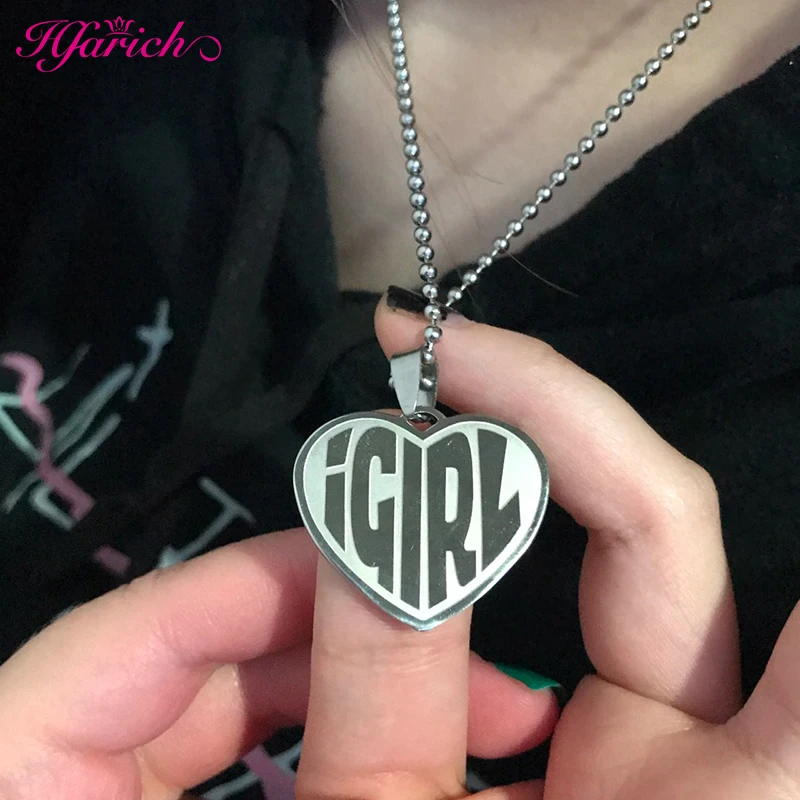 

iGIRL Necklace She Women Igirl Heart Pendant Necklace Stainless Steel Harajuku Female Gothic Streetwear Round Chain Jewelry BFF