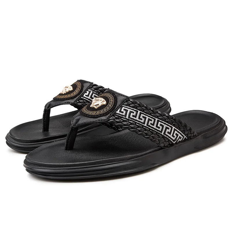 

2021 Men Flip Flops Slipper Casual Leather Vamp Rubber Sole Wear-Resistant Breathable Beach Solid Color