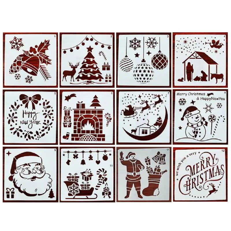 

12 Pieces Christmas Stencils Template Reusable Plastic Craft for Art Drawing Painting Spraying Window Glass Door Car Body