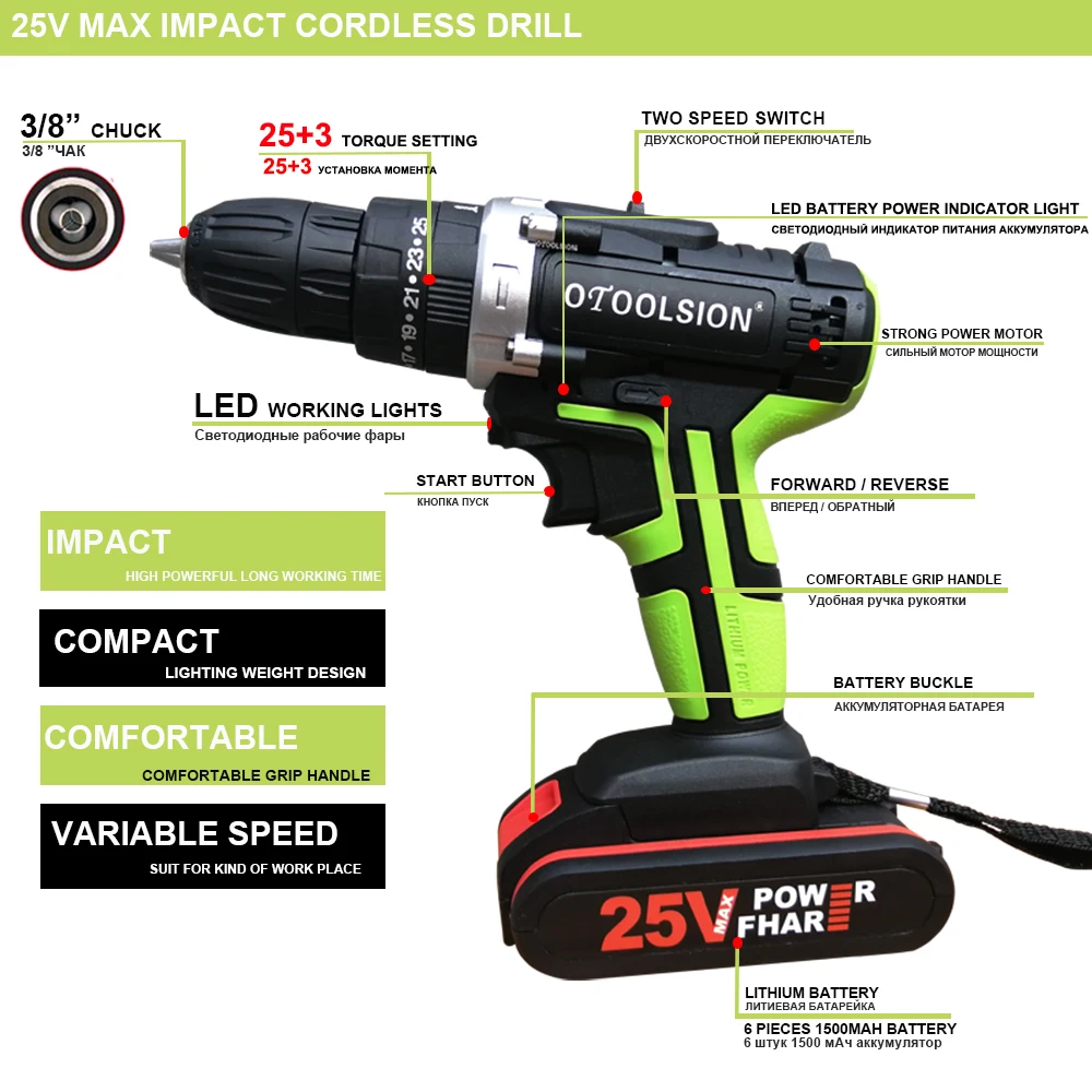 OTOOLSION 25V ударная электрическая отвертка 1600rpm 25 + 3 вращающий момент Ударная дрель электрический молоток