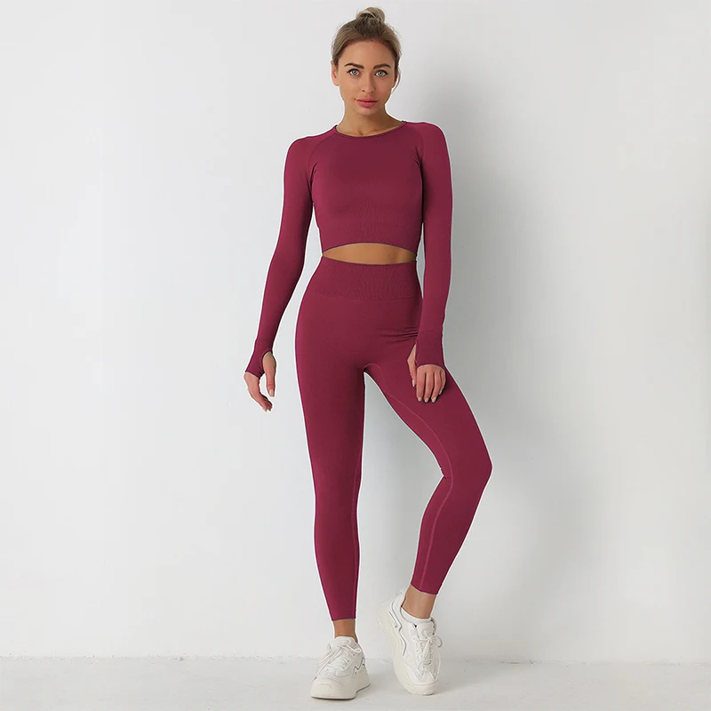 

Knit solid color seamless long sleeve pants yoga set exercise fitness two - piece set