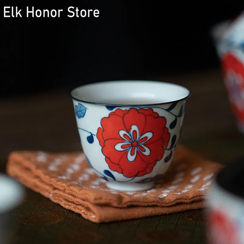 

2pc/Set 45ml Pure Hand-painted Peony Flower Art Tea Cup Blue And White Small Ceramic Single Master Cup Household Kung Fu Teaware