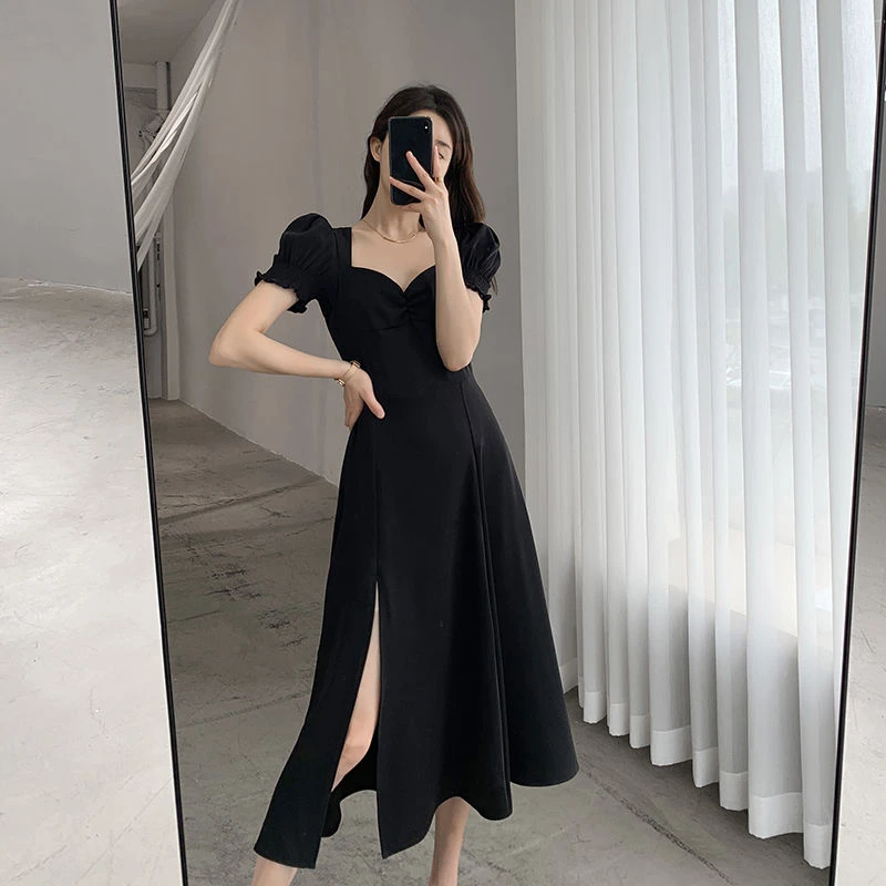 

Women Summer Maxi Dress Black Slit V Neck Elegant High Waist Slim A-Line Long Vestido Korean Fashion 2021 robe longue femme été