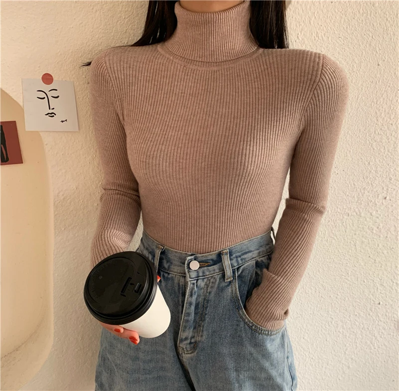 

2021 Spring Autumn Knitted Jumper Tops Turtleneck Pullovers Casual Sweaters Women Shirt Long Sleeve Tight Sweater Girls