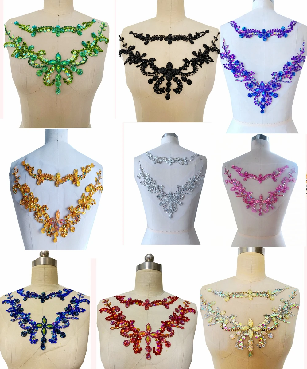 

Handmade rhinestones applique on white net sew on multicolored beads crystal patches accessory for dress clothes
