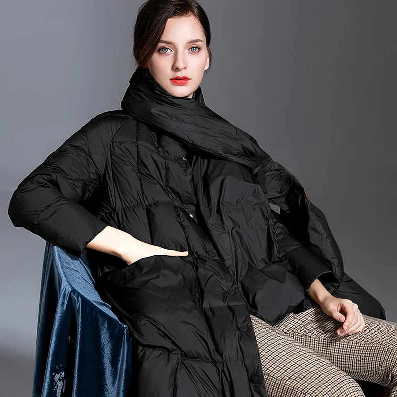 Style Korean Women Stand Coats Collar With Scarf Jackets White Down Duck Warm Khaki Outwear Oversize Loose Long Parkas 2021