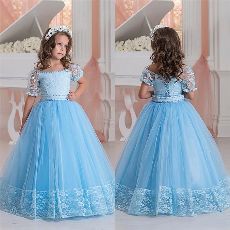 

Beautiful Puffy Flower Girls Dresses Lace Tulle First Communion Dresses Princess Half Sleeve Pageant Gowns