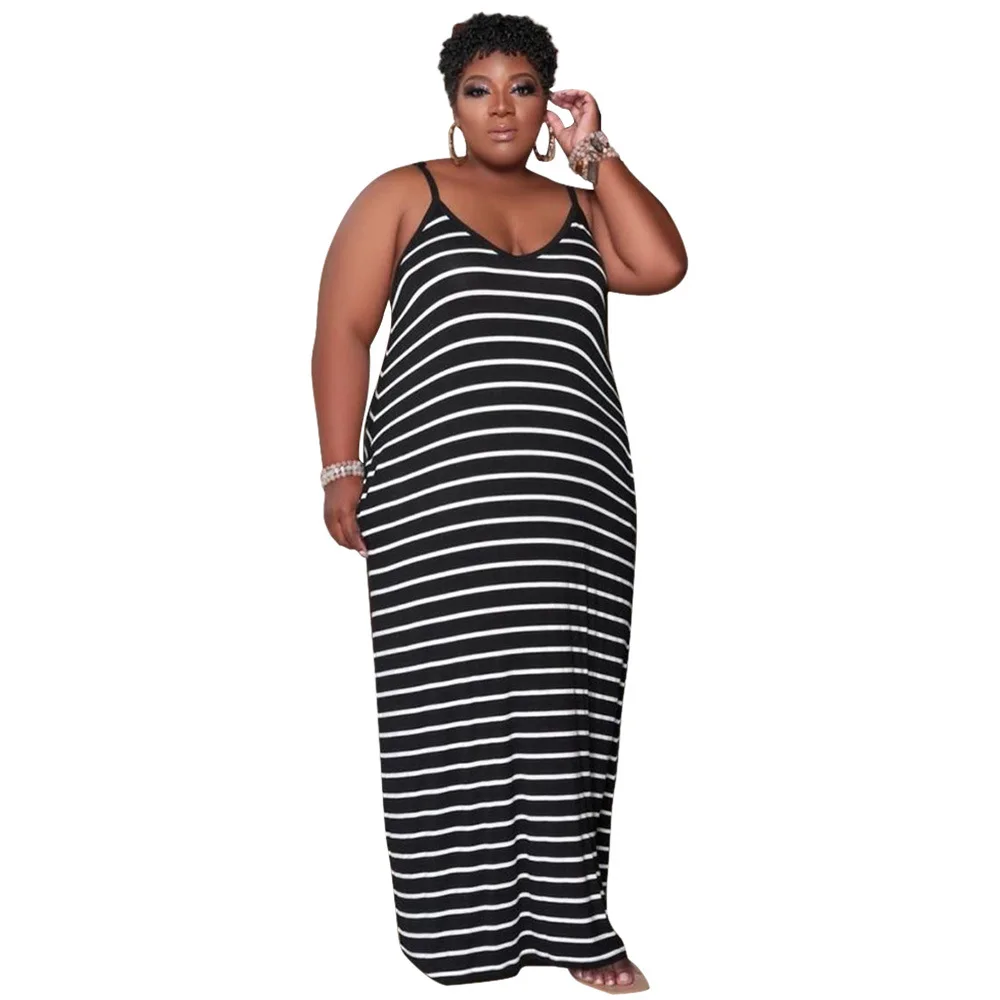 

Sexy Sleeveless Sling Dresses Plus Size Women's Customized Personality Striped Printed Fashion Deep V Neck Casual Loose Dress