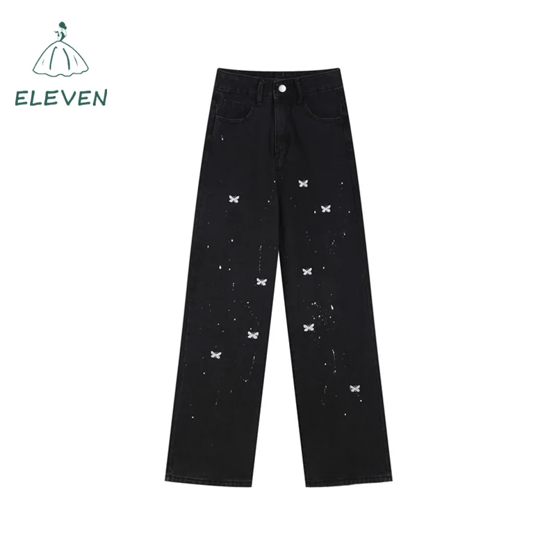 

Черные джинсы с широкими штанинами в стиле ретро, женские летние тонкие свободные брюки, милые крутые джинсы в стиле High-Street с вышивкой бабоч...