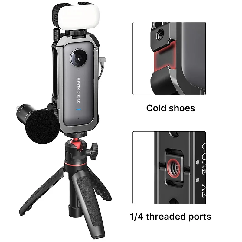 

Aluminum alloy Protective Cage for insta360 ONE X2 Housing Case With Cold Shoe for Microphone Fill Light and 1/4 threaded ports