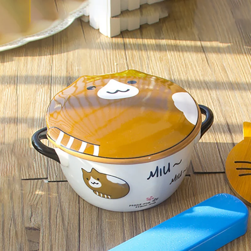 Ceramics Kawaii Cartoon Portable Containers Pattern Lunch Box With Cover Round Anti-slip Instant Noodles Bowl | Дом и сад