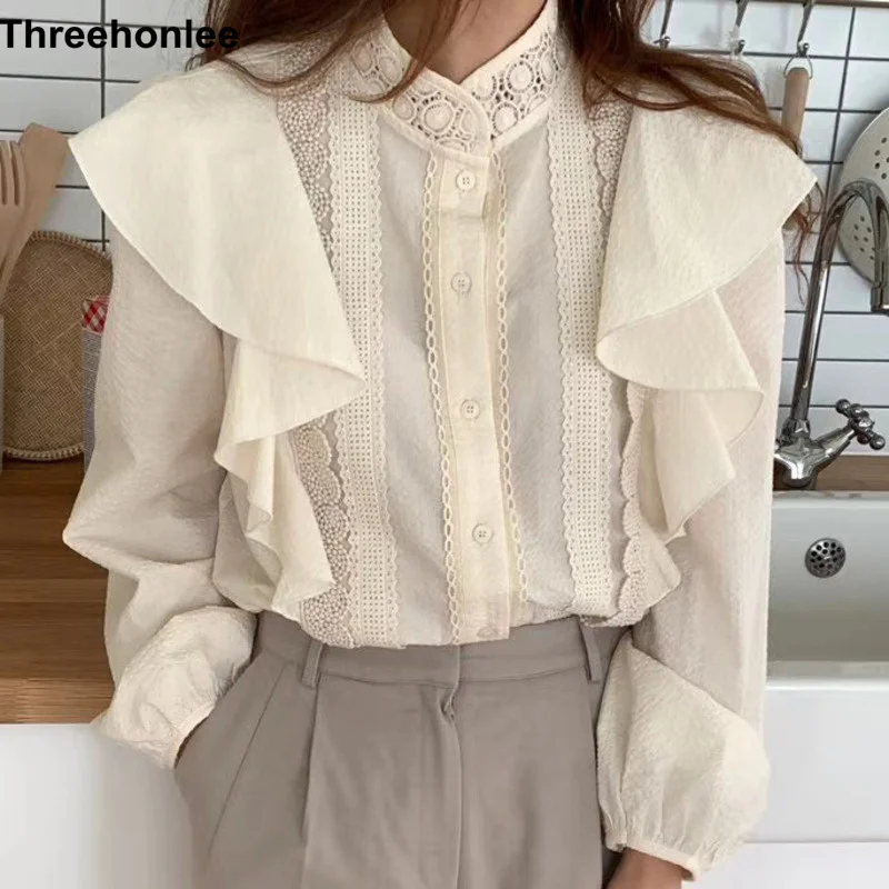 

Korean Women's Blouse Spring Autumn Fashion O Neck Long Sleeve Solid Slim Ruffles Office Lady Chic Shirt Blusas Tops
