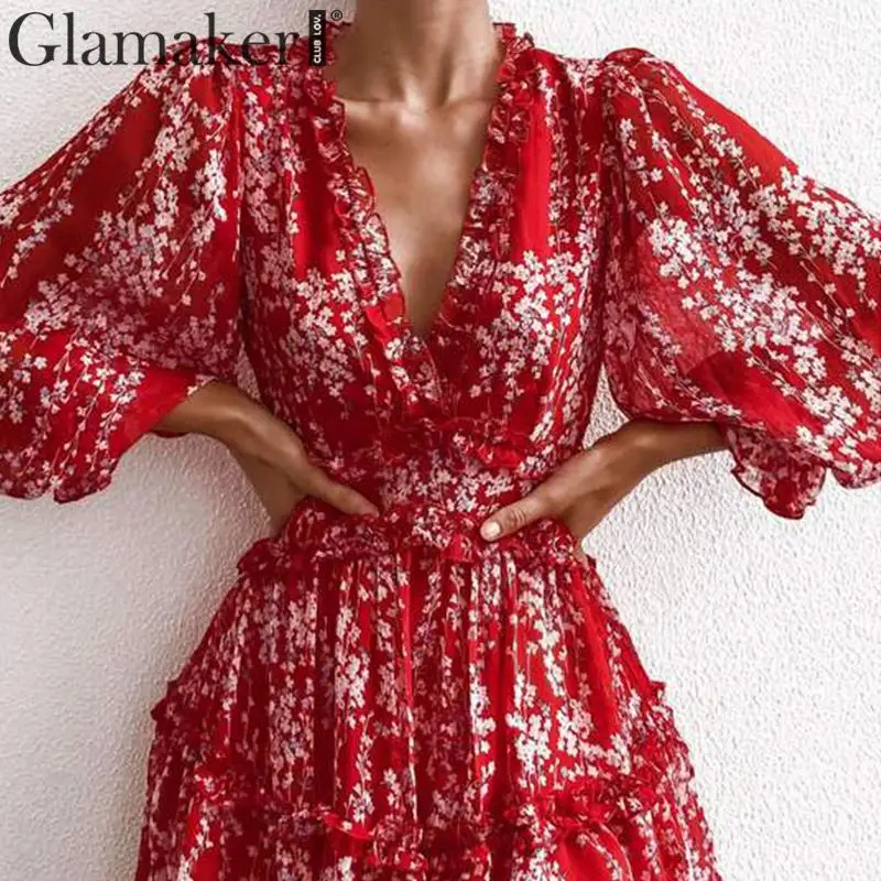 Glamaker, сексуальное платье с принтом, с рюшами, для женщин, Осенние, вечерние, короткое, элегантное платье, зима, фонарь, рукав, v-образный вырез, бодикон, платье с цветочным рисунком
