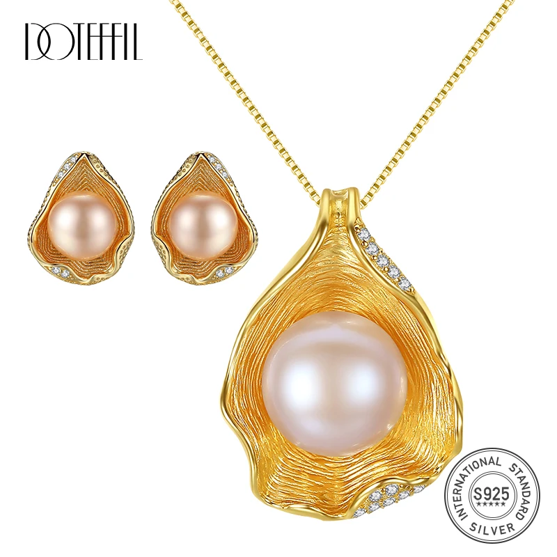 

Набор ювелирных изделий DOTEFFIL из серебра 100% пробы с позолоченным жемчугом, серьги/ожерелье, натуральный пресноводный жемчуг, ювелирные изде...