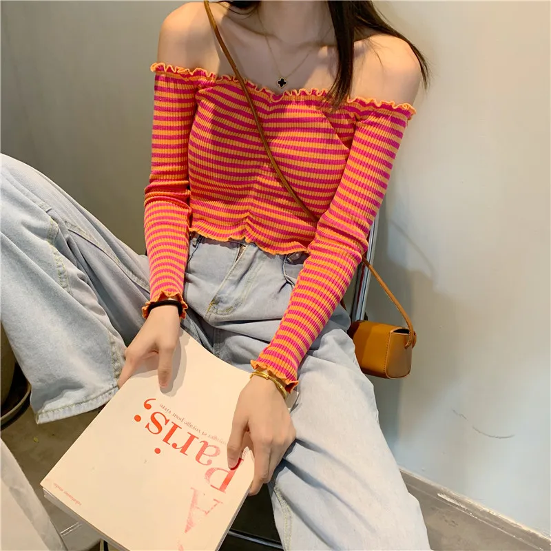 

sweet computer knitted slash neck striped off shoulder Spring autumn style ladies tops Women's Clothing high quality Sweaters