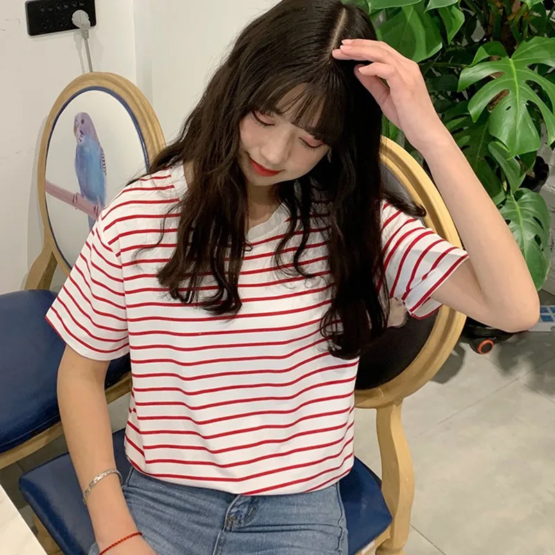 

2020 New Summer T-Shirts Women Striped Casual Loose Ladies Tops Crew Neck Short Sleeve Tshirt