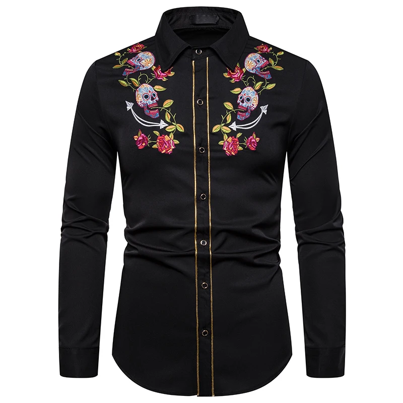UNPADUPE 2019 Мужская мода Западный череп ковбоя и Роза вышивка рубашка Slim Fit