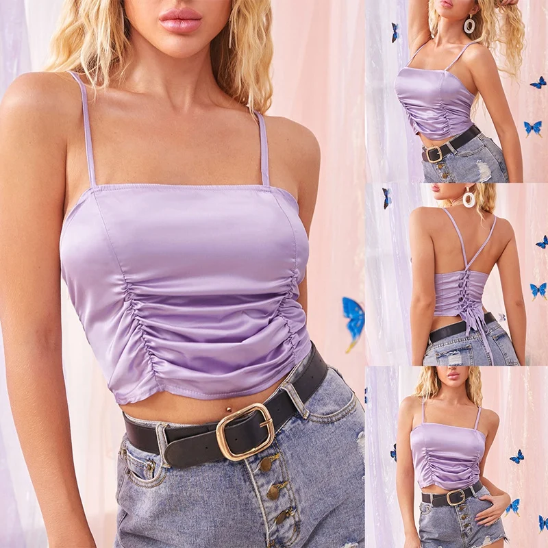 

Women's Fashion Sexy Ruffled Straps Solid Color Camisole Tops Purple
