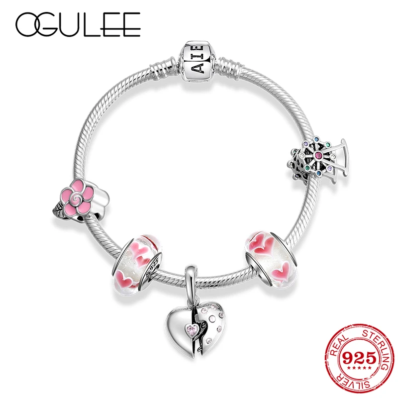Серебро 925 пробы розовый эмалированный цветок CZ Кулон стекло Beadss Cham браслеты
