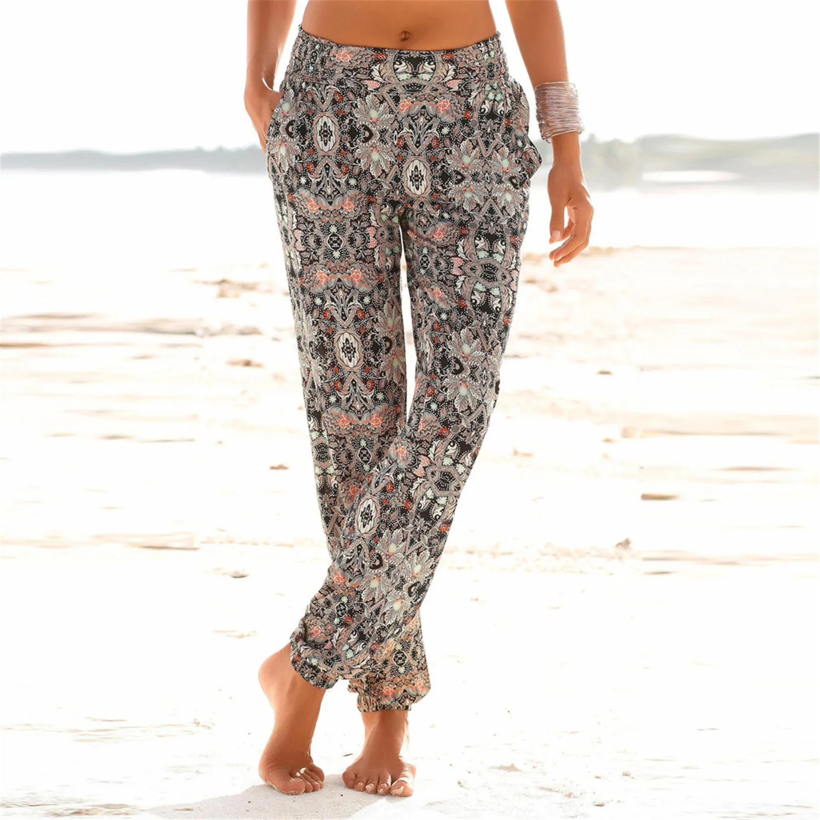

2021 Summer Fashion Printed Cotton Linen Harem Pants For Women Casual High Waist Calf-Length Loose Trousers Female Streetwear