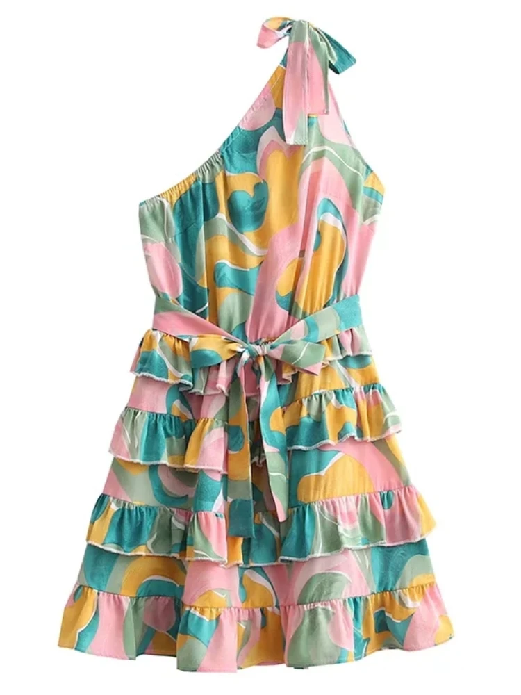 

BBWM Women Boho One Shoulder Mini Cupcake Dresses Print Fashion Elegant Female Sleeveless Lace Up Loose Chiffon Dress Chic