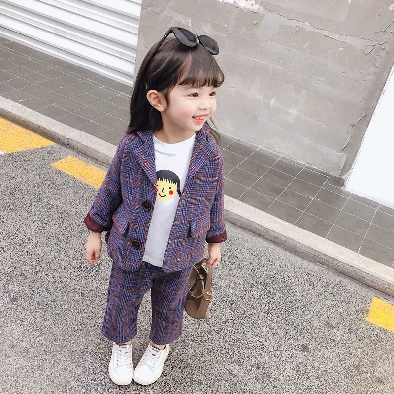 

Formal Spring Autumn Children Lattice Clothes Baby Girls Coat + Pants Kids Teenagers Tracksuit Sport Suits Outwear High Quality