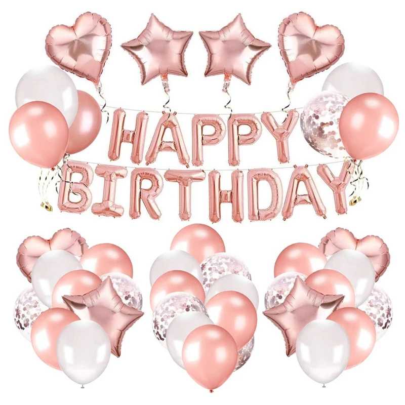 

Розовое золото, украшения на день рождения, включая розовое золото, с днем рождения, баннер, конфетти, фотошар, воздушные шары, лента