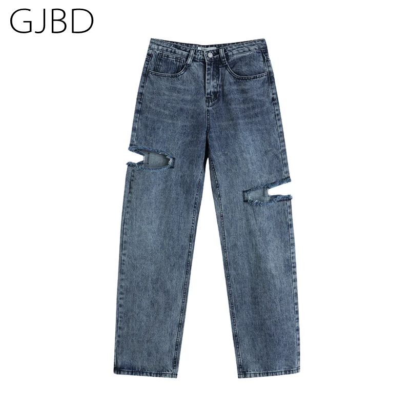 

Ripped Jeans Woman High Waist 2021 Autumn Vintage Streetwear Straight Jean Pants Korean Fashion Blue Baggy Femme Denim Trouser