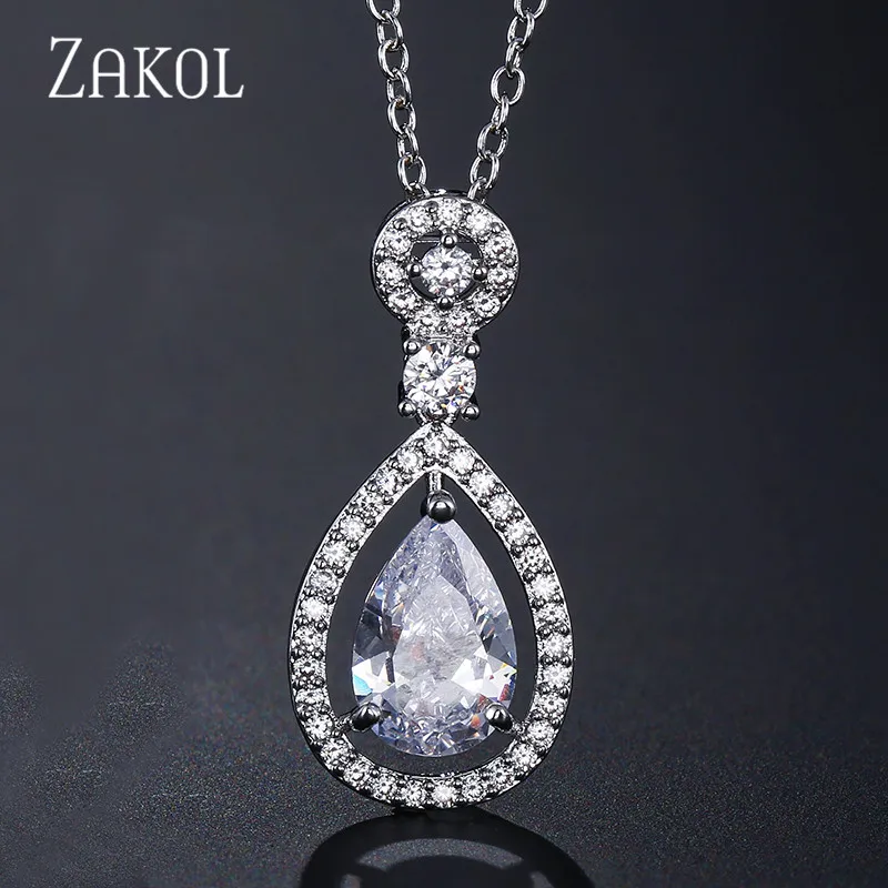 Rhodium plated Ожерелье с подвеской в виде капель воды ZAKOL, модные женские блестящие овальные круги с цепочкой, ювелирные изделия-ожерелья mujer FSNP2043 - Окраска металла: Rhodium plated