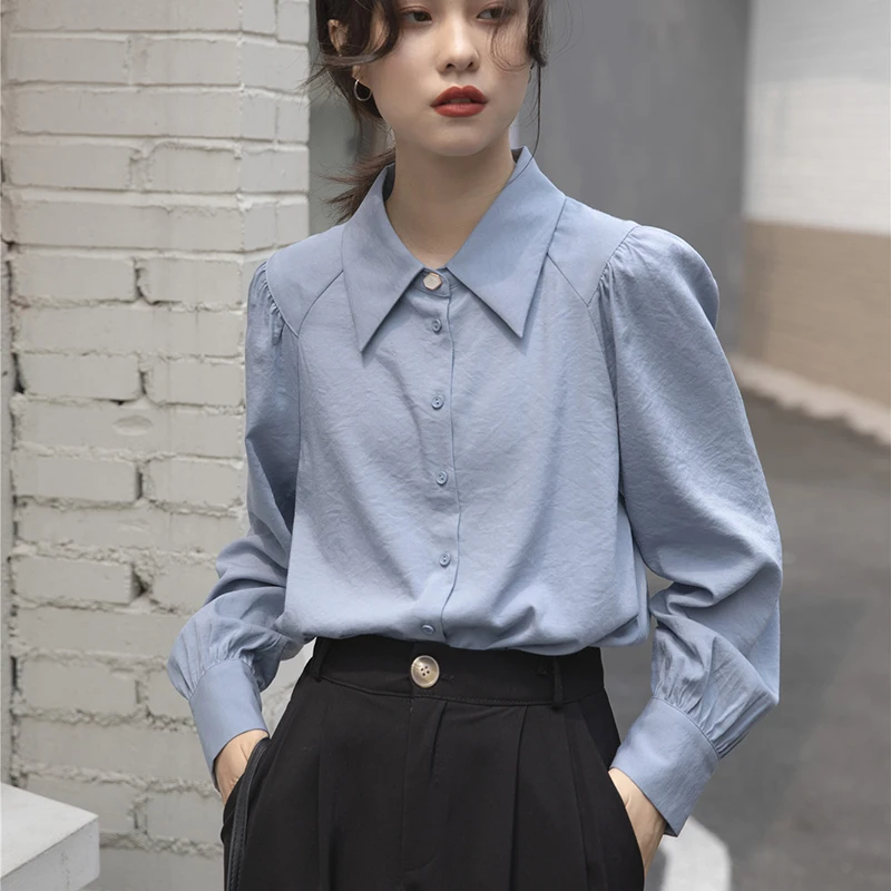 Элегантная Демисезонная женская Однотонная рубашка с отворотом, женские топы с длинным рукавом, блузки, свободная повседневная Офисная Женская рубашка, блузы WB135