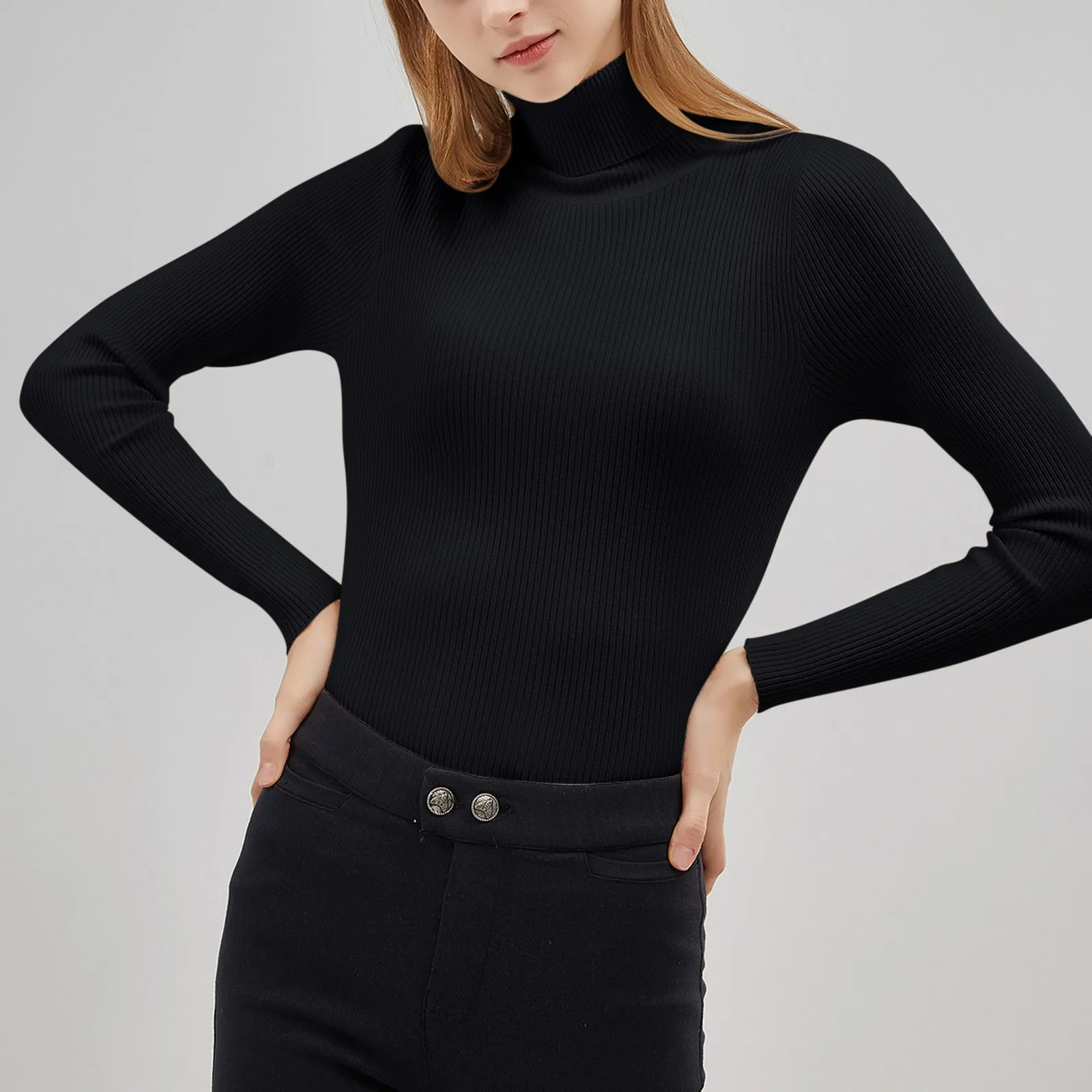 Потяните Hiver Для женщин вязаный свитер черного цвета с высоким плотно облегающим