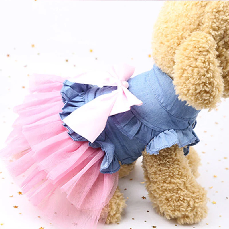 Голубое Ковбойское платье с бантом для собак Летняя Одежда питомцев большим