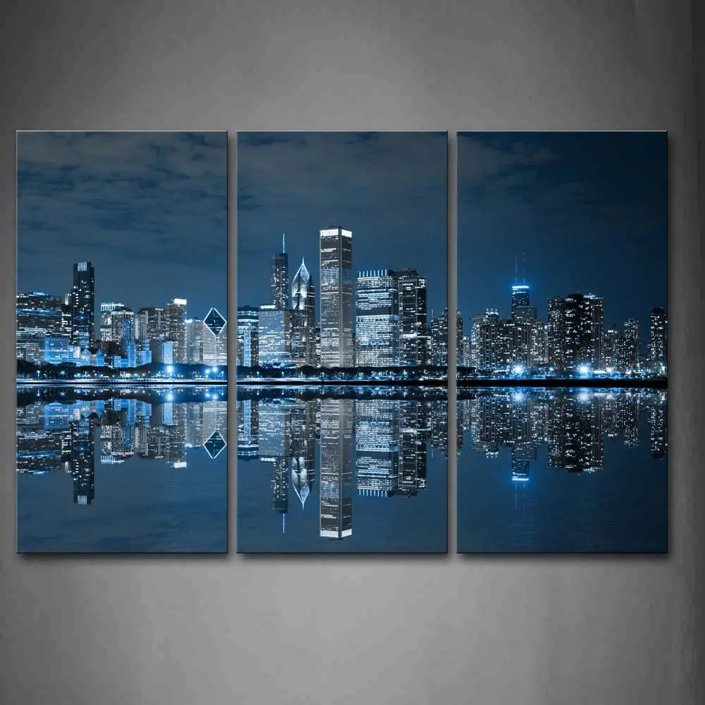 

Chicago Night Color Blue Cool Buildings 3pcs Canvas Home Wall Decoration