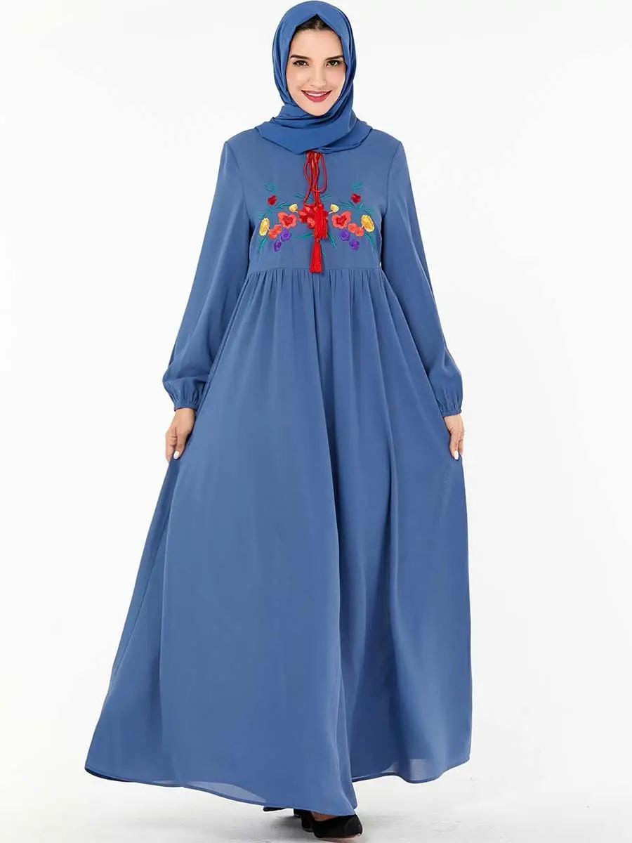 

Dubai Abaya Women Embroidery Long Dress Muslim Kaftan Islamic Loose Jilbab Gowns Arab Swing Long Sleeve Robe Gown Casual Dresses