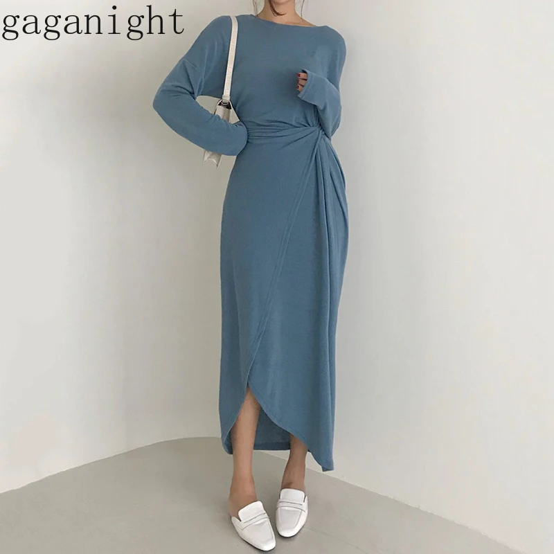 Gaganight однотонное асимметричное женское Макси платье с длинным рукавом и круглым