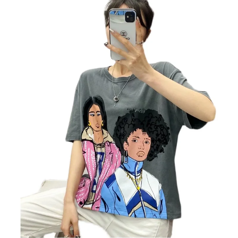 

2021 Women Vintage Charater Print Cotton T Shirt Summer Short Sleeve Tees Ladies Casual Tee Shirt Street Wear Top 6H8
