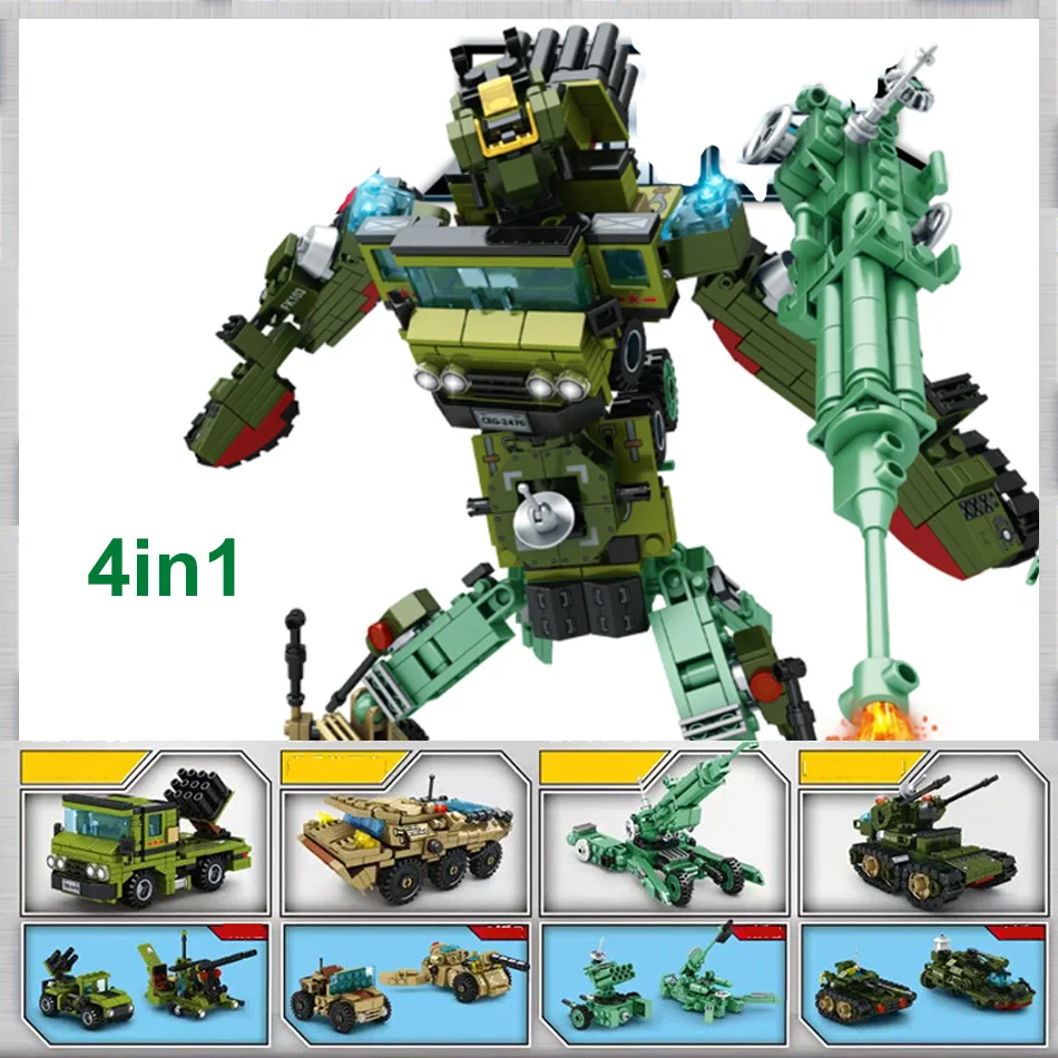 892pcs 4 in 1 Transformation Robot Mecha Building Blocks Military Tank Army ww2 Vehicle Bricks Toys For Children | Игрушки и хобби