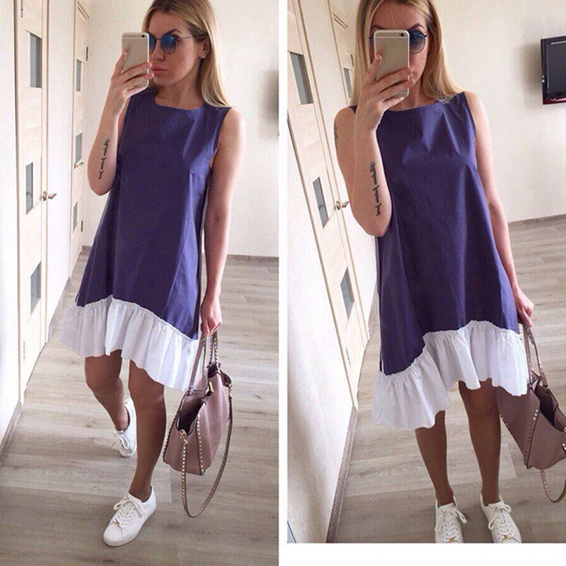 

2021 Casual Loose Patchwork Sleeveless Ruffles O-Neck Mini Dress Fashion Women Summer Dresses Vestidos