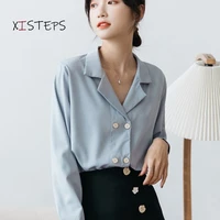 double breasted office lady shirts women 2021 chiffon blouses elegant female turn down collar clothes ol style tops spring